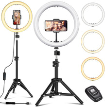 Load image into Gallery viewer, Selfie Ring Light with Black Tripod Stand 10-inch Dimmable Desktop Ringlight with DIY Ports, Circle Light LED Camera Lighting for Live Stream /Makeup, Compatible with iPhone Android