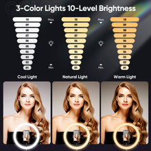 Load image into Gallery viewer, Selfie Ring Light with Black Tripod Stand 10-inch Dimmable Desktop Ringlight with DIY Ports, Circle Light LED Camera Lighting for Live Stream /Makeup, Compatible with iPhone Android
