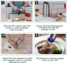 Load image into Gallery viewer, 2 Pcs Electric Salt and Pepper Grinder Set Battery Operated One Hand Automatic Operation, Adjustable Coarseness Mill Grinders Shakers LED Light Stainless Steel, Kitchen Gadgets Gifts Ideas