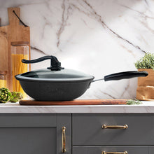 Load image into Gallery viewer, 12.6 Inch Kibhous Frying Pan with Lid, Nonstick Wok with Lid, Deep Stir Nonstick Pans, Die Cast Scratch Resistant, Smokeless Frying Pan with Glass Lid and Traditional Handle