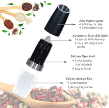 Load image into Gallery viewer, 2 Pcs Electric Salt and Pepper Grinder Set Battery Operated One Hand Automatic Operation, Adjustable Coarseness Mill Grinders Shakers LED Light Stainless Steel, Kitchen Gadgets Gifts Ideas