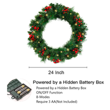 Load image into Gallery viewer, 24" Pre-Lit Artificial Christmas Wreaths for Front Door Decorated with Pine Cones, Red Berries, Frosted Branches, 50 LED Lights for Indoor Outdoor Christmas Decorations