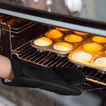 Load image into Gallery viewer, Silicone Oven Mitts Heat Resistant Oven Gloves to 446℉ Non-Slip with Quilted Liner Mitts for Cooking Baking and BBQ, Black