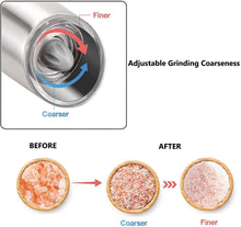 Load image into Gallery viewer, 2 Pcs Electric Salt and Pepper Grinder Set Battery Operated One Hand Automatic Operation, Adjustable Coarseness Mill Grinders Shakers LED Light Stainless Steel, Kitchen Gadgets Gifts Ideas