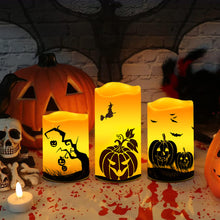 Load image into Gallery viewer, Halloween Flameless Candles Flickering Remote Timer Battery Operated Pumpkin Halloween Theme Decoration Set of 3