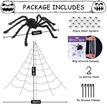 Load image into Gallery viewer, Funsmile Halloween Spider Decorations Set 5ft Giant Spider 16.4ft Spider Webs 20 Small Spiders Cotton Wool Yard Home Party Haunted Decor