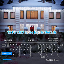 Load image into Gallery viewer, Uncahome 99ft Christmas Icicle Lights, Curtain Fairy Icicle String Lights with 228 LEDs, Christmas Twinkle Lights for Holiday, Party, Christmas Decorations, White
