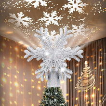 Load image into Gallery viewer, Christmas Tree Topper, 9.6” Snowflake Tree Toppers Lighted Indoor with Rotating 3D Silver Snowflake LED Projector Hollow Glitter Lighted for Tree Christmas Decorations Holiday Ornaments