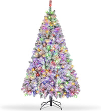 Load image into Gallery viewer, 6ft Pre-Lit Christmas Tree, Artificial Snow Flocked Pine Tree with 400 Warm-White & Multicolored Lights, 9 Light Sequences, Metal Base & Hinges for Home, Office, Party Decoration