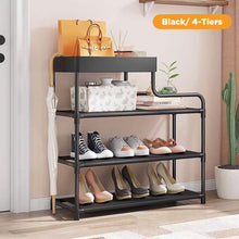 Load image into Gallery viewer, 4-Tier Free Standing Shoe Rack, 24.8 in Shoe Shelf, Entryway Shoe Organizer Storage Cabinet, with 3 Fabric Shelves and Storage Top for Bags or Shoes, Black