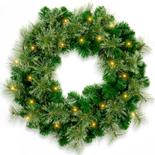 Load image into Gallery viewer, 24 Inch Pre Lit Artificial Christmas Wreath With 40 LED Warm Yellow Lights And 140 PVC Tree Branch Tips With Timing Function, Green
