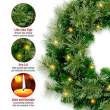 Load image into Gallery viewer, 24 Inch Pre Lit Artificial Christmas Wreath With 40 LED Warm Yellow Lights And 140 PVC Tree Branch Tips With Timing Function, Green