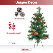 Load image into Gallery viewer, 24in Artificial Christmas Trees Set of 2 Pre-Lit Mini Christmas Trees with 30 LED Lights, Pine, Berries for Indoor Outdoor Decor