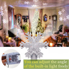 Load image into Gallery viewer, Christmas Tree Topper, 9.6” Snowflake Tree Toppers Lighted Indoor with Rotating 3D Silver Snowflake LED Projector Hollow Glitter Lighted for Tree Christmas Decorations Holiday Ornaments