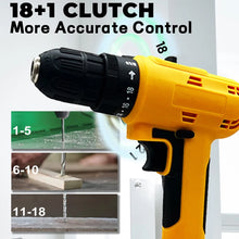 Load image into Gallery viewer, Aedavey 20V Cordless Drill, 18 Position Clutch Drill with 22 Pieces Drill Set, 3/8in Keyless Chuck Power Drill with 2 Batteries and Charger, Yellow Driller Set
