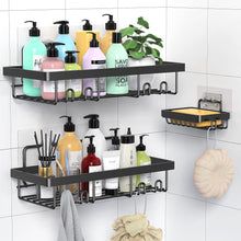Load image into Gallery viewer, 3-Pack Shower Caddy Basket Shelf with Soap Holder, No Drilling Traceless Adhesive Shower Wall Shelves, Rustproof Bathroom Shower Storage Organizer, Black