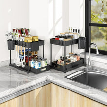 Load image into Gallery viewer, Mighty Rock 2 Pack Under Sink Organizer, Under Bathroom Cabinet Organizer with Hooks Hanging Cup, Multi-Purpose Storage Shelf for Kitchen Bathroom, Black