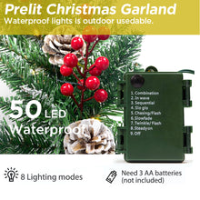 Load image into Gallery viewer, 9ft Pre-Lit Christmas Garland with 50 Waterproof LED Light and Pine Cones and Berries, 220 Branches Battery Operated Christmas Garland Decoration for Xmas Holiday Party