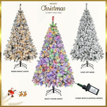 Load image into Gallery viewer, 6ft Pre-Lit Christmas Tree, Artificial Snow Flocked Pine Tree with 400 Warm-White & Multicolored Lights, 9 Light Sequences, Metal Base & Hinges for Home, Office, Party Decoration