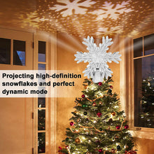 Load image into Gallery viewer, Christmas Tree Topper, 9.6” Snowflake Tree Toppers Lighted Indoor with Rotating 3D Silver Snowflake LED Projector Hollow Glitter Lighted for Tree Christmas Decorations Holiday Ornaments