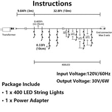 Load image into Gallery viewer, Christmas Lights Outdoor Decorations 400 LED 33ft 8 Modes Curtain Fairy String Light with 75 Drops, Clear Wire LED String Light Indoor Decor for Wedding Party Christmas Decorations Warm White