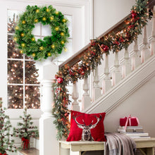 Load image into Gallery viewer, 24 Inch Pre Lit Artificial Christmas Wreath With 40 LED Warm Yellow Lights And 140 PVC Tree Branch Tips With Timing Function, Green