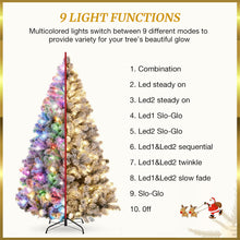 Load image into Gallery viewer, 6ft Pre-Lit Christmas Tree, Artificial Snow Flocked Pine Tree with 400 Warm-White & Multicolored Lights, 9 Light Sequences, Metal Base & Hinges for Home, Office, Party Decoration