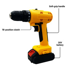 Load image into Gallery viewer, Aedavey 20V Cordless Drill, 18 Position Clutch Drill with 22 Pieces Drill Set, 3/8in Keyless Chuck Power Drill with 2 Batteries and Charger, Yellow Driller Set