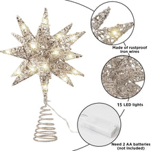 Load image into Gallery viewer, Funsmile Christmas Tree Topper Star 3D Hollow Metal Christmas Treetop Battery Operated with Light for Christmas Home Decoration 8in Silver