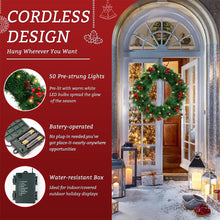 Load image into Gallery viewer, 24" Pre-Lit Artificial Christmas Wreaths for Front Door Decorated with Pine Cones, Red Berries, Frosted Branches, 50 LED Lights for Indoor Outdoor Christmas Decorations
