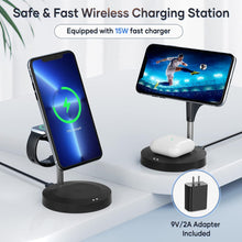Load image into Gallery viewer, 3 in 1 Charging Station, Wireless Charger for iPhone, Fast Mag-Safe Charger Stand with QC2.0 3.0 Adapter Compatible with iPhone 14,13,12 Pro Max/Pro/Mini/Plus, Watch Ultra/8/7/SE/6/5/4/3/2/1, Black