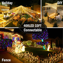 Load image into Gallery viewer, Christmas Lights Outdoor Decorations 400 LED 33ft 8 Modes Curtain Fairy String Light with 75 Drops, Clear Wire LED String Light Indoor Decor for Wedding Party Christmas Decorations Warm White