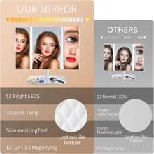 Load image into Gallery viewer, Movsou Vanity Mirror Makeup Mirror with Lights, 3 Color Lighting Modes 52 LED Trifold Portable Mirror, 1X 2X 3X Magnification White