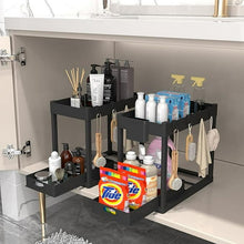 Load image into Gallery viewer, Mighty Rock 2 Pack Under Sink Organizer, Under Bathroom Cabinet Organizer with Hooks Hanging Cup, Multi-Purpose Storage Shelf for Kitchen Bathroom, Black