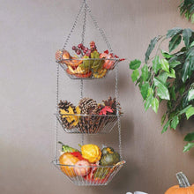 Load image into Gallery viewer, 3 Tier Hanging Fruit Basket, Modern Country Style Home Decor, Countertop Space Saver for Fruits or Vegetables (Silver)