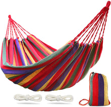 Load image into Gallery viewer, Double Hammock 2 Person Canvas Cotton Hammock with Carrying Bag for Patio Porch Garden Backyard Lounging Outdoor/ Indoor Rainbow Stripe Hammock