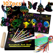 Load image into Gallery viewer, Scratch Art Paper Set for Kids, 107 Pcs Rainbow Magic Scratch Off Paper Art Craft for Boys & Girls, Fun Imagination Trigger Game for Children’s Summer Vacation, Birthday, and Party Gift