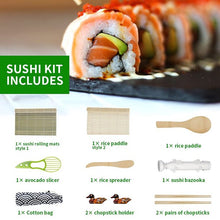 Load image into Gallery viewer, Sushi Making Kit, 2 Bamboo Sushi Mats and 1 Professional Sushi Bazooka Rice Roller, 2 Pairs of Bamboo Chopsticks, Avocado Slicer Holder Paddle Spreader, Rolling, Beginner Sushi Kit DIY at Home