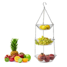 Load image into Gallery viewer, 3 Tier Hanging Fruit Basket, Modern Country Style Home Decor, Countertop Space Saver for Fruits or Vegetables (Silver)