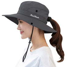 Load image into Gallery viewer, Women's Ponytail Sun Hat Protection Foldable Mesh Wide Brim Beach Adjustable Fishing Hat, Grey