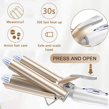 Load image into Gallery viewer, Hair Curling Iron, 3 Barrel Curling Iron Wand,Ceramic Tourmaline Triple Barrels, Dual Voltage Hair Crimper Temperature Adjustable 25mm Hair Crimper,Hair Waving Styling Tools for Women & Girls (Gold)