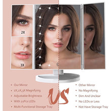 Load image into Gallery viewer, Makeup Mirror Vanity Mirror with 22 LED Lights, 1x 2X 3X Magnification, Lighted Makeup Mirror, Touch Control, Trifold Makeup Mirror, 180 Degree Rotation White, Portable LED Makeup Mirror, Women Gift