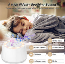Load image into Gallery viewer, White Noise Sound Machine, Portable Sleep Therapy for Adults, Baby, Home, Office & Travel with 9 Relaxing Natural Sounds, Auto-Off Timer, Night Light, Rechargeable Battery & Volume Control