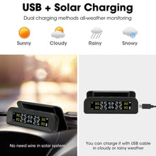 Load image into Gallery viewer, Tire Pressure Monitoring Systems, 6 Alarm Modes Wireless Solar Power and USB Charge with 4 External Sensors Real Time Pressure and Temperature Alarm Auto Safety Monitor for Trailer Car Truck