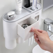 Load image into Gallery viewer, Meidong Toothbrush Holder Easy Install Large Capacity Storage, with Cosmetic Drawer Organizer and Toothbrush Rack, Integrated with Automatic Toothpaste Dispenser, Space Saving with Magnetic Cup Design