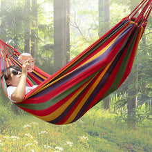 Load image into Gallery viewer, Double Hammock 2 Person Canvas Cotton Hammock with Carrying Bag for Patio Porch Garden Backyard Lounging Outdoor/ Indoor Rainbow Stripe Hammock