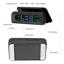 Load image into Gallery viewer, Tire Pressure Monitoring Systems, 6 Alarm Modes Wireless Solar Power and USB Charge with 4 External Sensors Real Time Pressure and Temperature Alarm Auto Safety Monitor for Trailer Car Truck