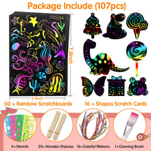 Load image into Gallery viewer, Scratch Art Paper Set for Kids, 107 Pcs Rainbow Magic Scratch Off Paper Art Craft for Boys & Girls, Fun Imagination Trigger Game for Children’s Summer Vacation, Birthday, and Party Gift