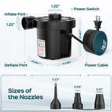 Load image into Gallery viewer, Air Pump for Inflatables Mattress, 5000Pa/135W Electric Air Pump with 3 Nozzles for Air Mattress, Airbed, Inflatable Pool Float, Toy, and Raft for Summer Home & Yard, AC 110V-120V, Black