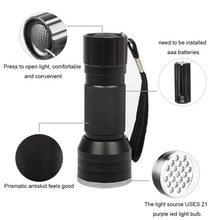 Load image into Gallery viewer, UV Flashlight Pet Urine Detector Light Handheld Flashlight Black light UV Lights 21 LED Ultraviolet Blacklight For Dog Cat Urine Dry Stains Bed Bug (Black)